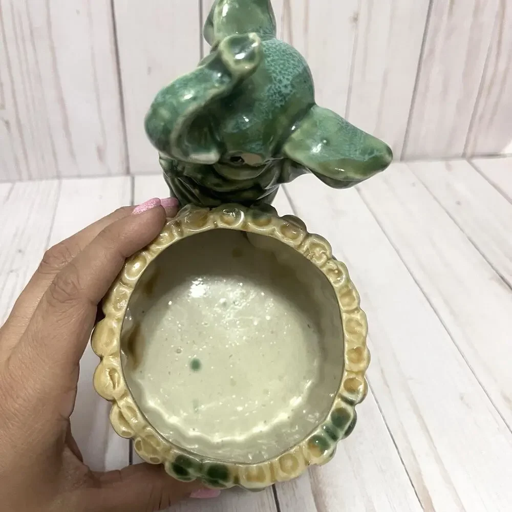 Vintage Ceramic Elephant Planter Green Glaze Bamboo Jungle MCM Kitsch 6”